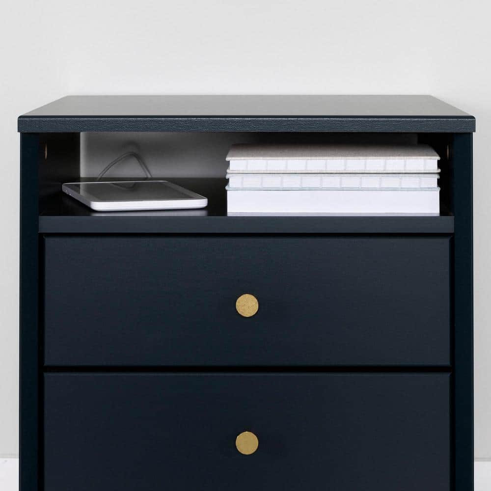 Navy Blue 2-Drawer Nightstand with Brass Legs