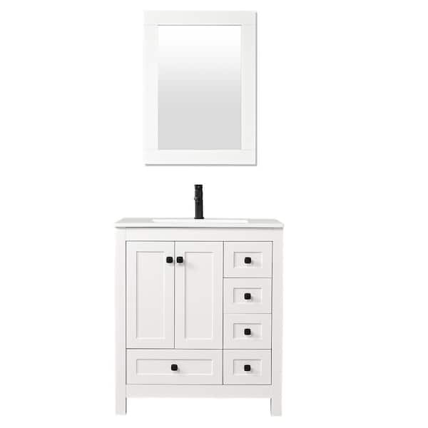 eclife 30 in. W x 18.3 in. D x 34 in. H Single Sink Bath Vanity in White with White Ceramic Top and Mirror Drain Faucet Set