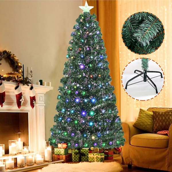 Wellfor 5 Ft Green Pre Lit Led Fiber Optic Full Artificial Christmas Tree With 170 Multi Color Lights And Metal Stand Cm Hwy 20531 The Home Depot