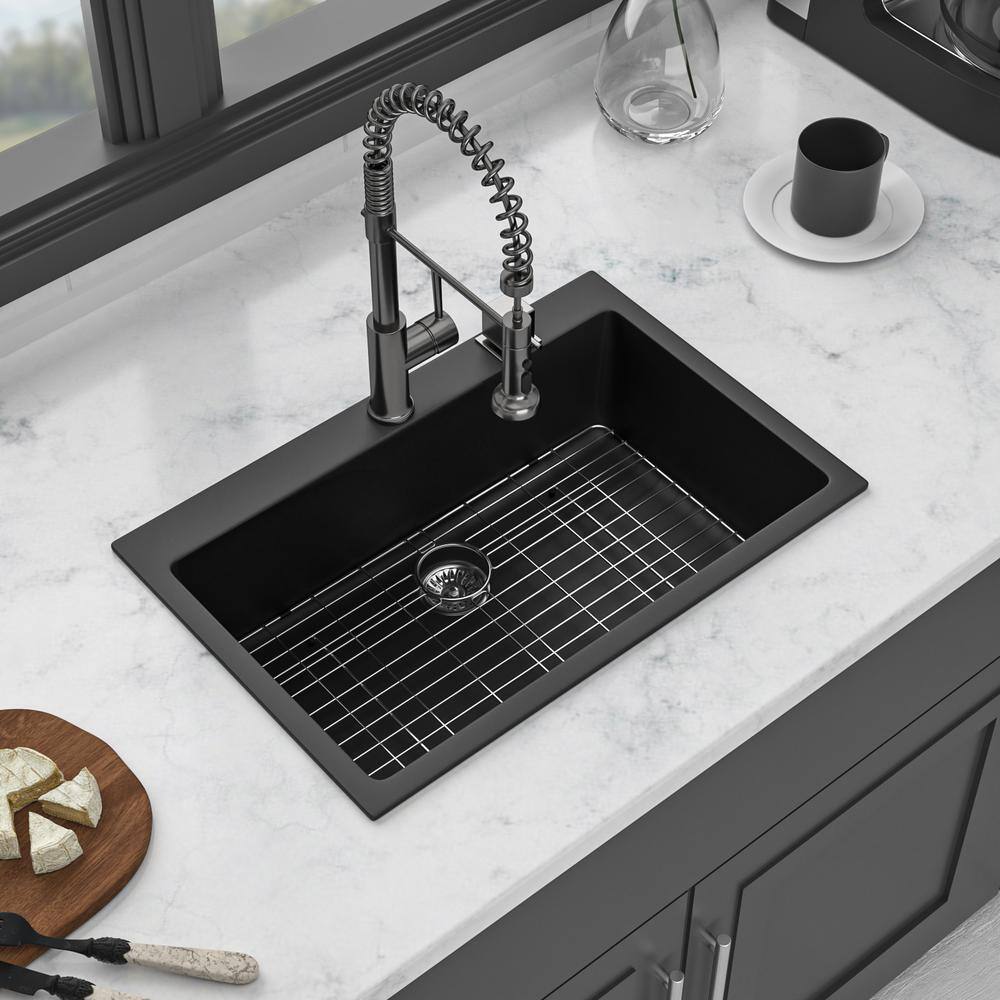 33 in. Black Quartz Composite Single Bowl Drop-in Kitchen Sink with Accessories
