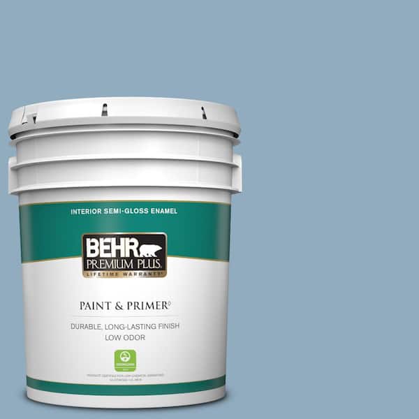 BEHR PREMIUM PLUS 5 gal. #BIC-10 Cotton Denim Semi-Gloss Enamel Low Odor Interior Paint & Primer