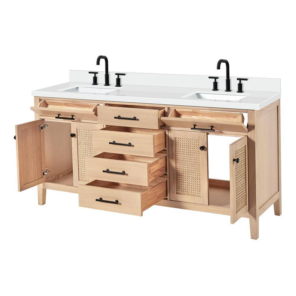 Camila 73'' Light Brown Double Sink Freestanding Vanity with White Quartz Top