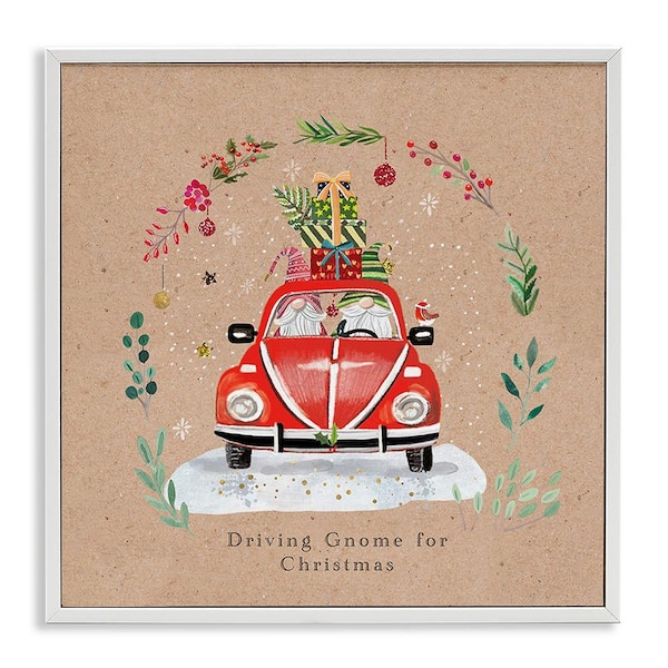 Stupell Industries Driving Gnome for Christmas by Sally Darby 1-Piece Framed Graphic Print Travel Poster Art Print 12 in. x 12 in.