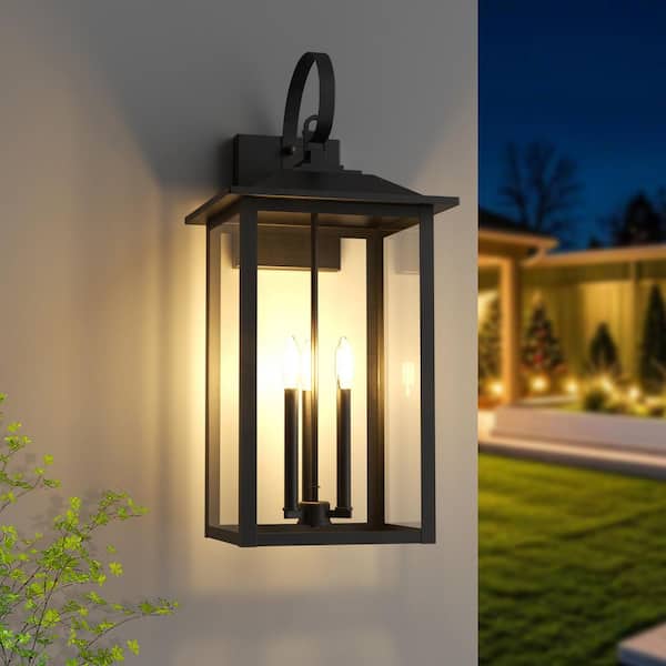 Hawaii 25 in. 3-Light Black Dusk to Dawn Outdoor Hardwired Wall Lantern Scone with No Bulbs Included