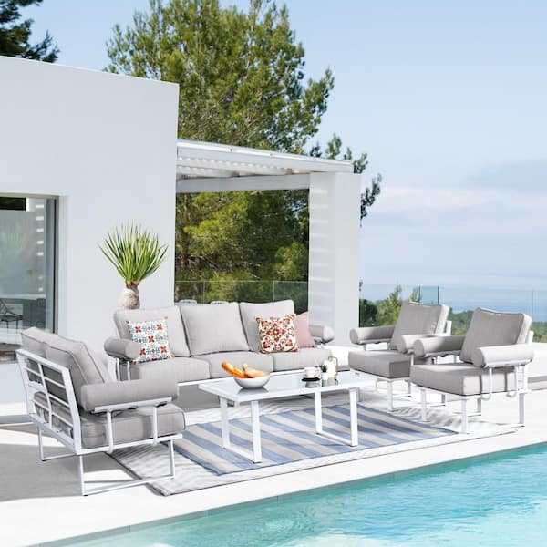 HOOOWOOO Havasu White 5-Piece Aluminum Outdoor Patio Conversation Sofa Set with Beige Cushions