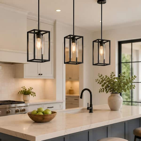 Emeritpro 3-Pack 1-Light Modern Black Cage Pendant Light with
