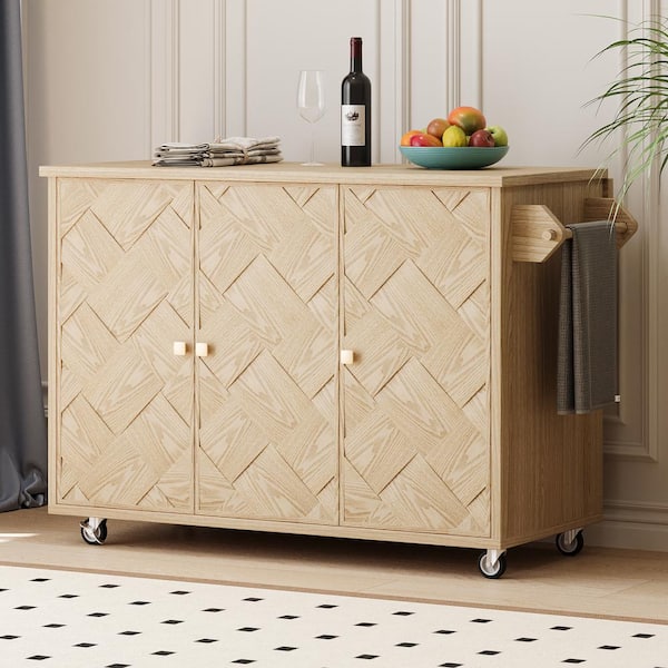 Unbranded 51 in. Natural Wood Veneer Solid Wood Handwoven Kitchen Cart with Drop Leaf, Internal Rack, and Wheels