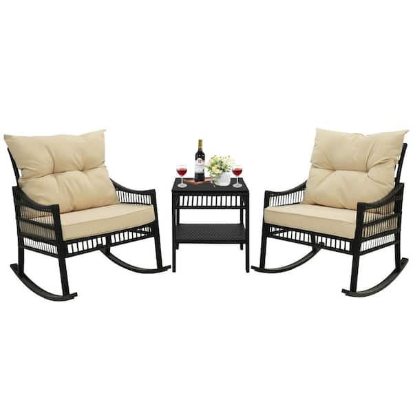 VEIKOUS Black Wicker Outdoor Rocking Chair Set with Beige Cushions, 2-Chairs and 1-Table