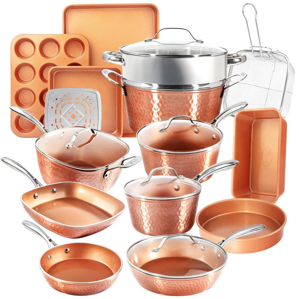 Gotham Steel Hammered Copper 15 Piece Nonstick Cookware and Bakeware Set,  Stay Cool Handles, Oven & Dishwasher Safe