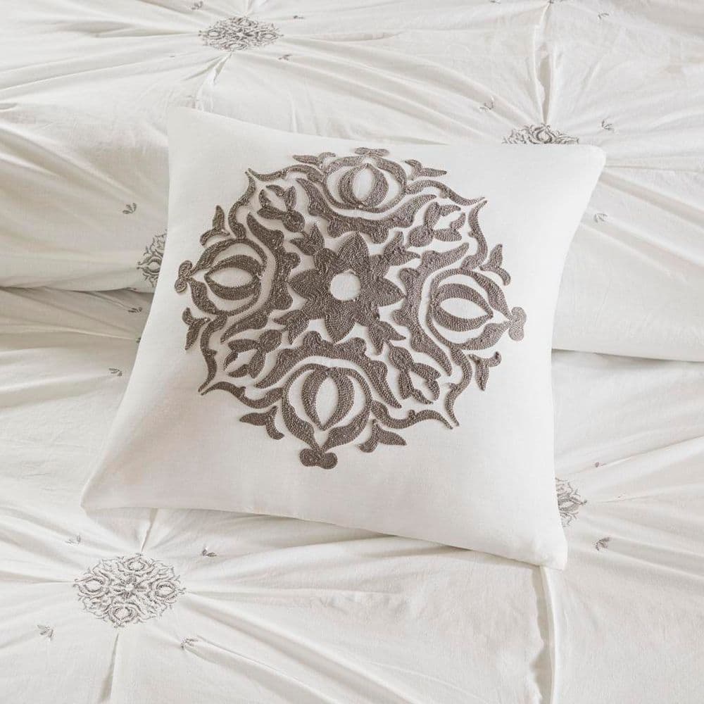 Ivory and Gray Embroidered Cotton Duvet Cover Set, Full/Queen
