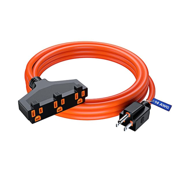 MAXIMM 10 ft. 14 / 3 Medium / Heavy Duty Indoor T-Shaped Extension Cord 3-Outlet 15 Amps Orange