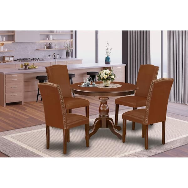 East West Furniture 5-Piece Round Mahogany Finish Solid Wood Top Dining Table with 4 Parson Chair with Lattice Back