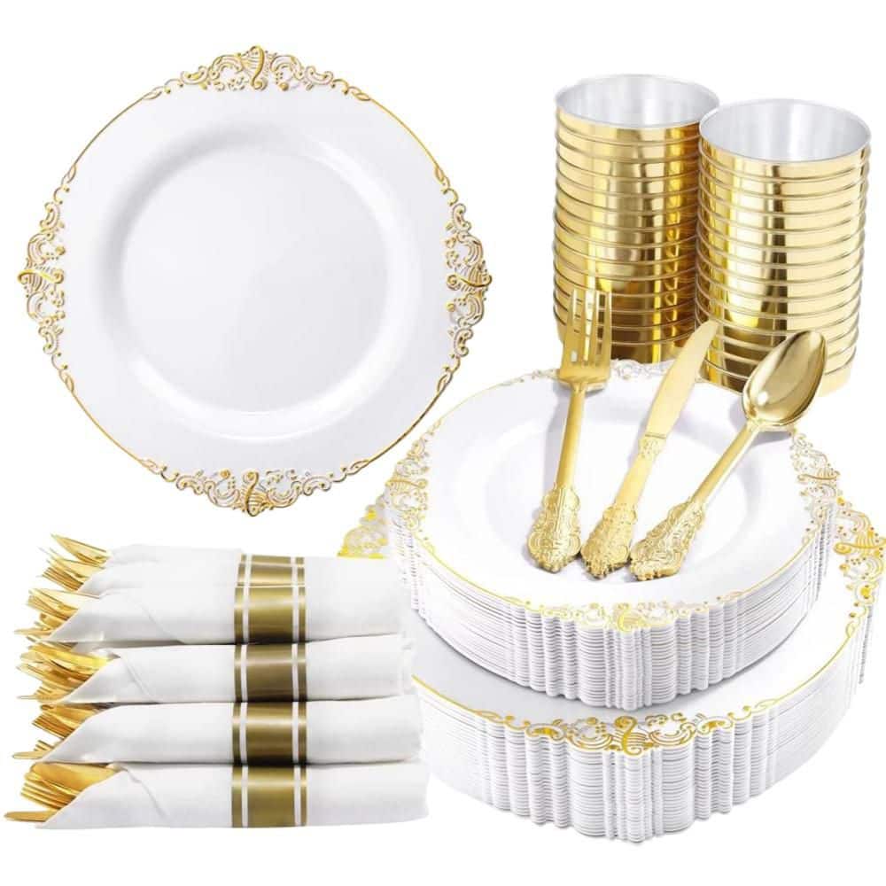 350-Piece Plastic Plates with 100 Disposable Plates, 150 Silverware, 50 Cups, 50 Napkins for Wedding and Party, Gold price history on PriceWatchPro