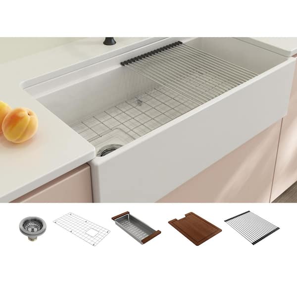 Step-Rim White Fireclay 36 in. Single Bowl Farmhouse Apron Front Workstation Kitchen Sink with Accessories