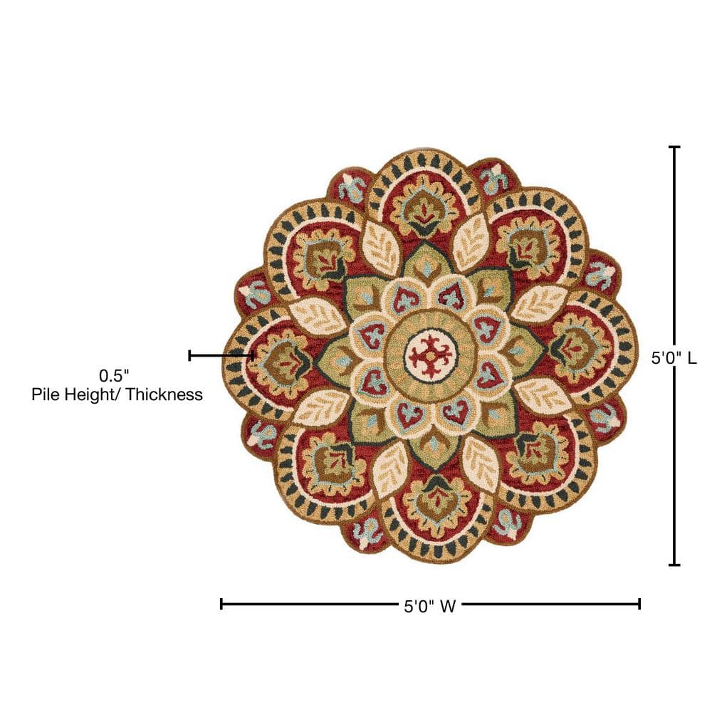 Handmade Red Floral Wool Round Tufted Area Rug