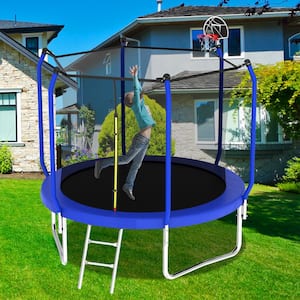 10 ft. Blue Round Outdoor Trampoline with Safety Enclosure and Basketball Hoop