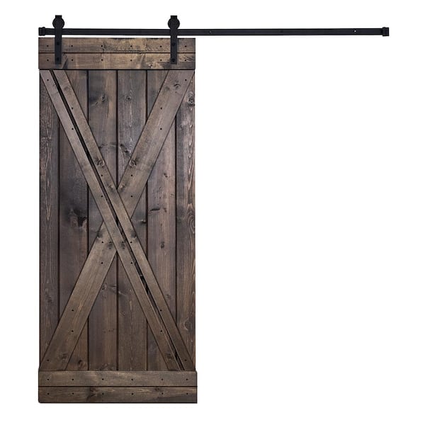 AIOPOP HOME Modern X Style Series 36 in. x 84 in. Otter Brown stained Knotty Pine Wood DIY Sliding Barn Door with Hardware Kit