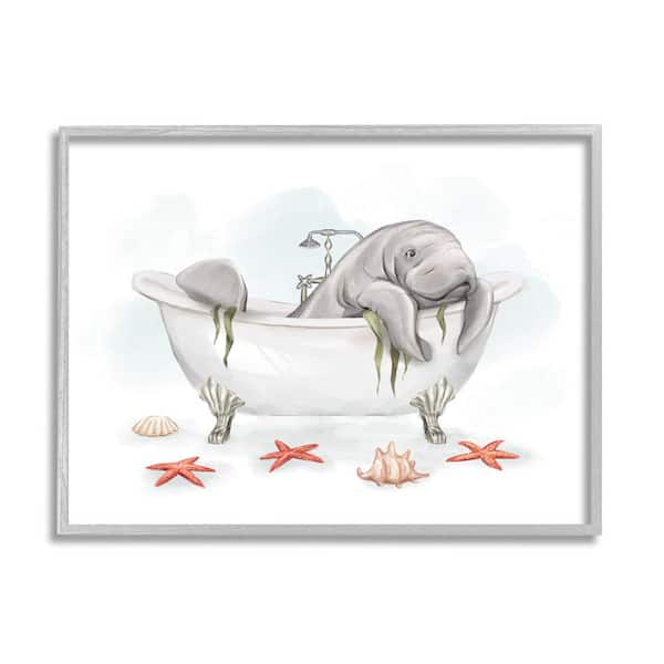 The Stupell Home Decor Collection Manatee Sea Life Swimming Bathtub Bathroom Painting Design By Ziwei Li Framed Typography Art Print 30 in. x 24 in.