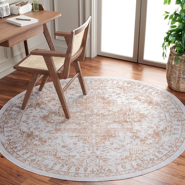 Arizona Beige/Gold 6 ft. x 6 ft. Machine Washable Transitional Medallion Round Area Rug