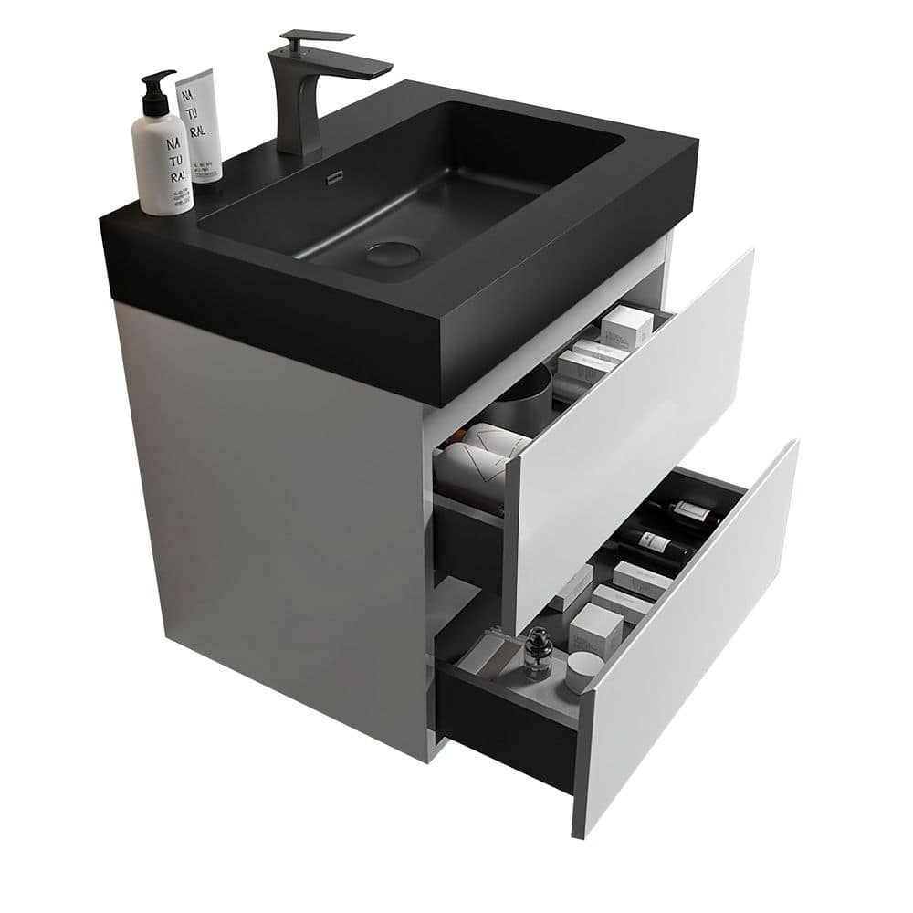 24in. Floating Single Sink White Bath Vanity with Black Resin Top