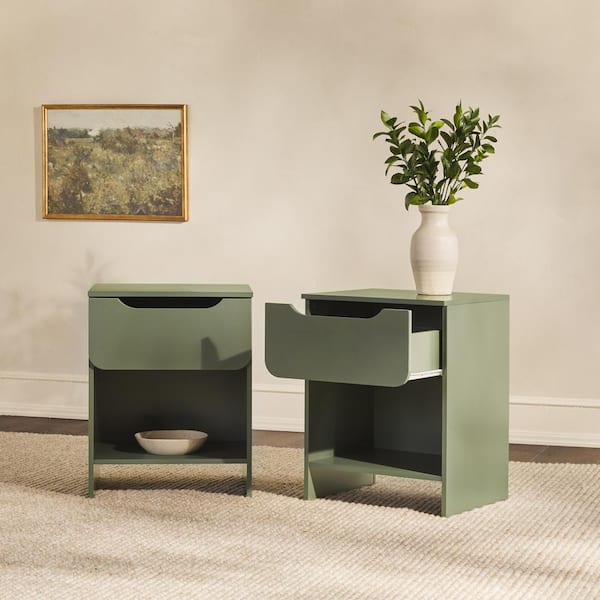 1-Drawer Green Modern Nightstand with Cubby, Set of 2