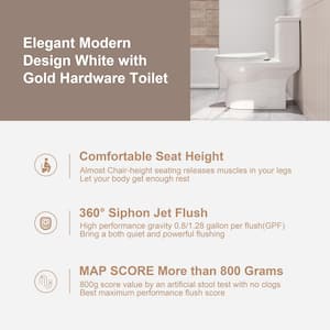 One-Piece 0.8/1.28 GPF Dual Flush Elongated Toilet in White, Seat Included and Brushed Gold Button