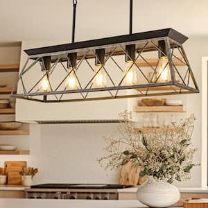 5-Light Black and Oak White Chandelier Vintage Linear Ceiling Light Fixture for Dining Room, Kitchen Island, and Foyer