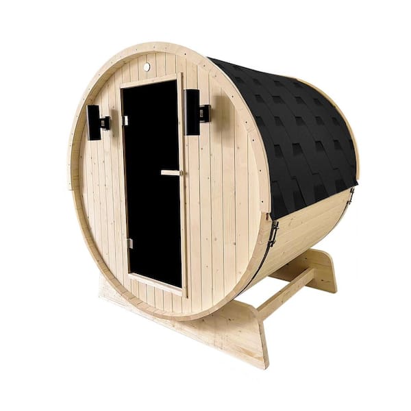 4-Person Outdoor and Indoor White Pine Barrel Wet/Dry Sauna 4.5 kW UL Certified Heater Bitumen Shingle Roofing