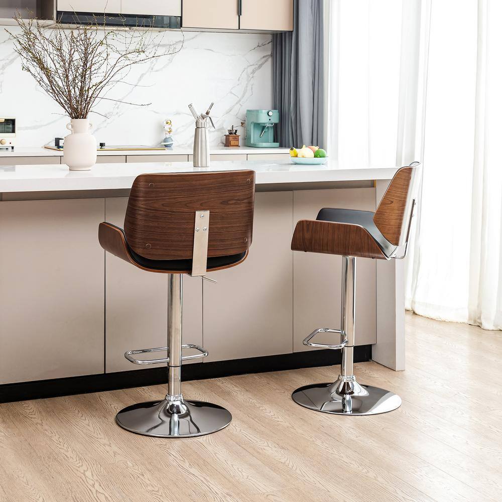 Modern Bentwood Adjustable Swivel Bar Stool Set in Black and Walnut