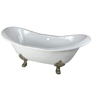 72 in. Cast Iron Brushed Nickel Claw Foot Double Slipper Tub with 7 in. Deck Holes in White