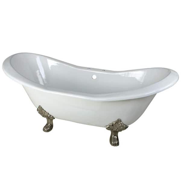 Aqua Eden 72 in. Cast Iron Brushed Nickel Claw Foot Double Slipper Tub with 7 in. Deck Holes in White