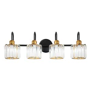 Katherine 29.5 in. 4-Light Modern Black with Gold Bathroom Vanity Light with Round Crystal Shades