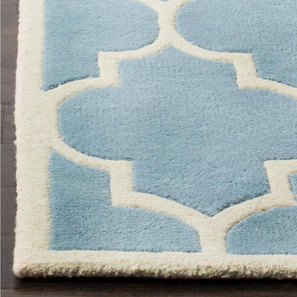 Hand-Tufted Geometric Wool Runner Rug in Blue/Ivory, 27"x8"