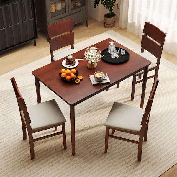 5 PCS Dining Table Set for 4-Farmhouse Wooden Table and 4-Upholstered Chairs