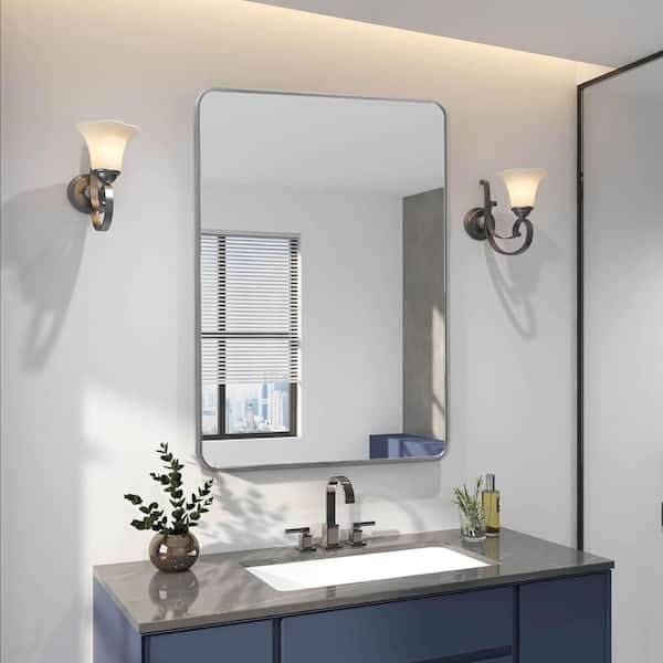 24x36 Inch Silver Metal Framed Rectangular Bathroom Wall Mirror – Modern Durable Home Vanity Mirror