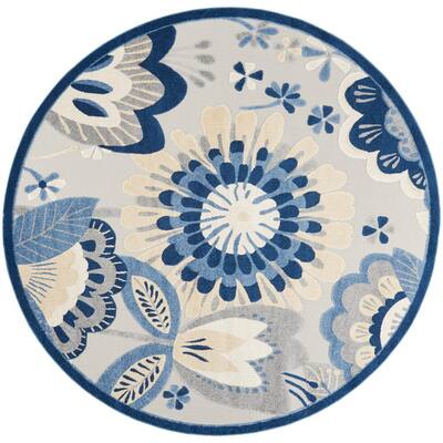 Aloha Blue/Grey 8 ft. x 8 ft. Floral Contemporary Indoor/Outdoor Round Rug