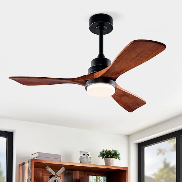 42 in. Smart Black Solid Wood Brown Blades 2-Size Downrod Mount Standard Ceiling Fan with 3-Color Dimmable LED Light