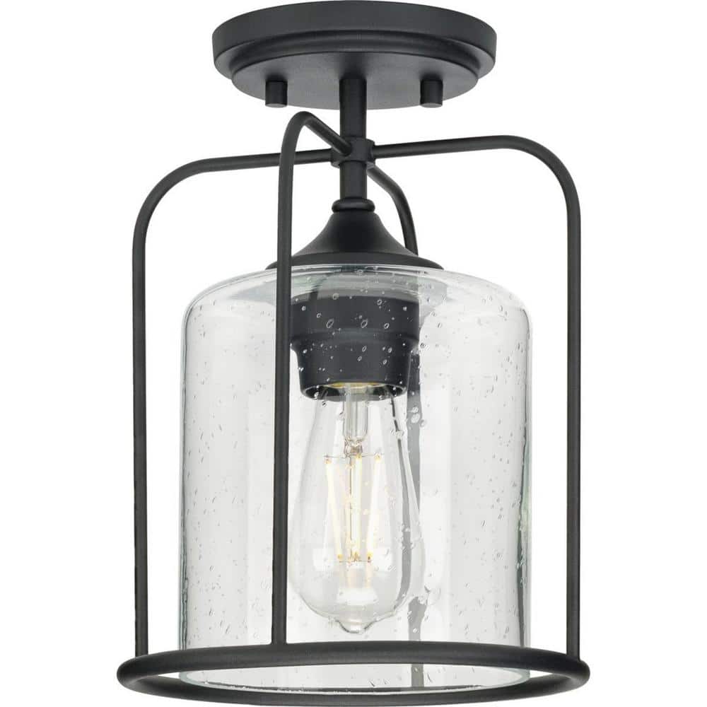 Textured Black Semi-Flush Mount Light with Clear Seeded Glass Shade