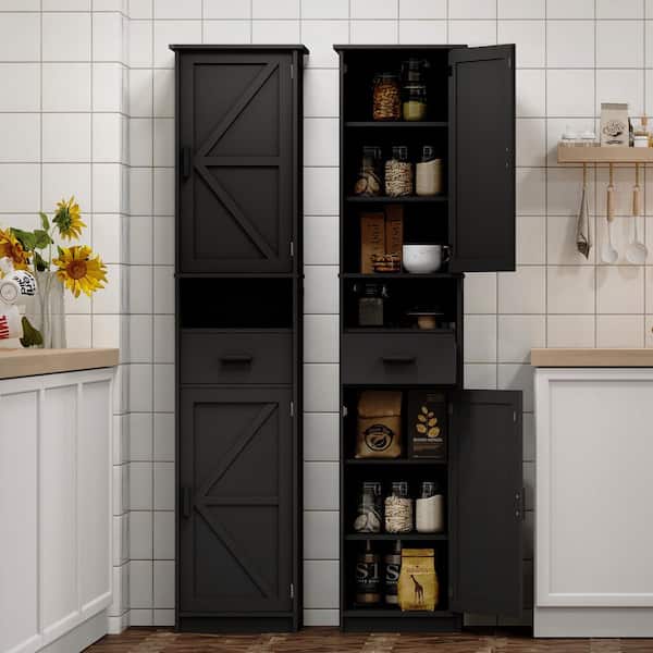 69 in. Black Narrow Kitchen Storage Cabinet, Bookcase Linen Cabinet with 2-Barn Doors, 1-Drawer and Adjustable Shelves