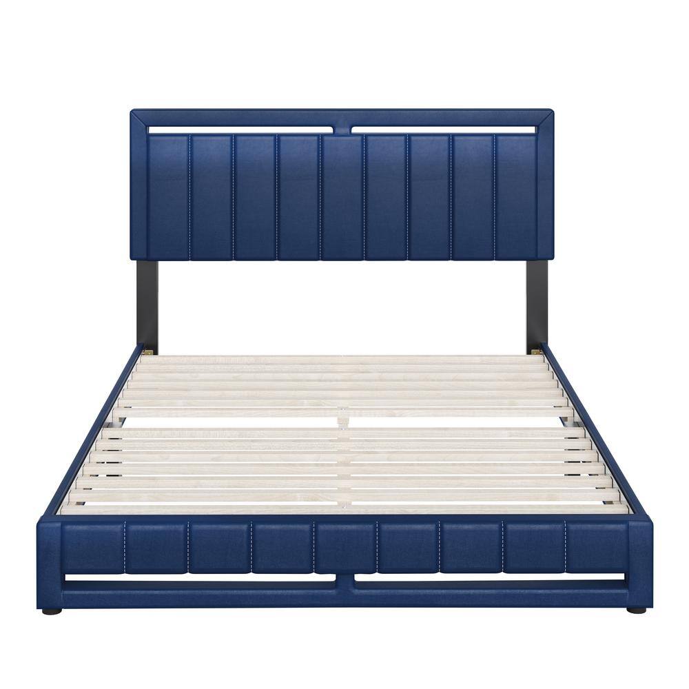 King Blue Faux Leather Upholstered Platform Bed with Tufted Headboard
