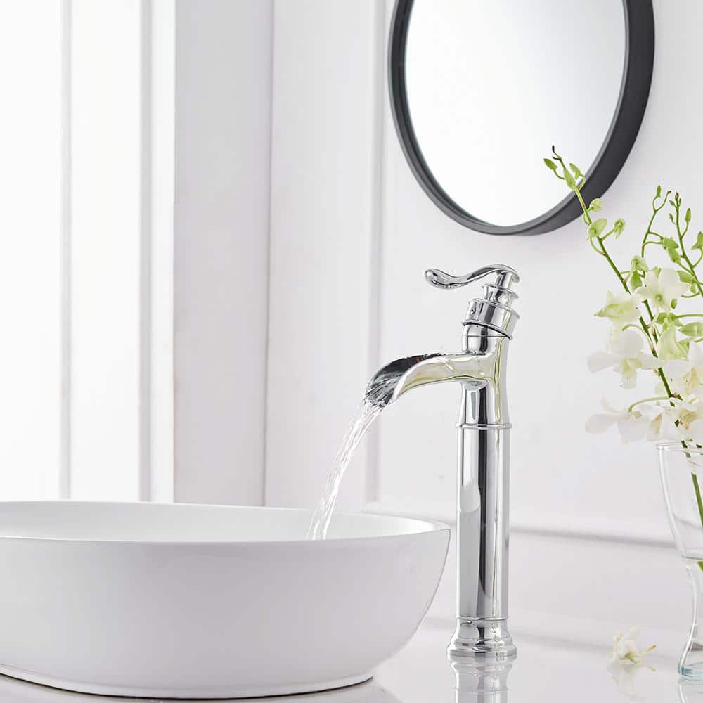 Polished Chrome Tall Waterfall Vessel Sink Faucet with Lever Handle