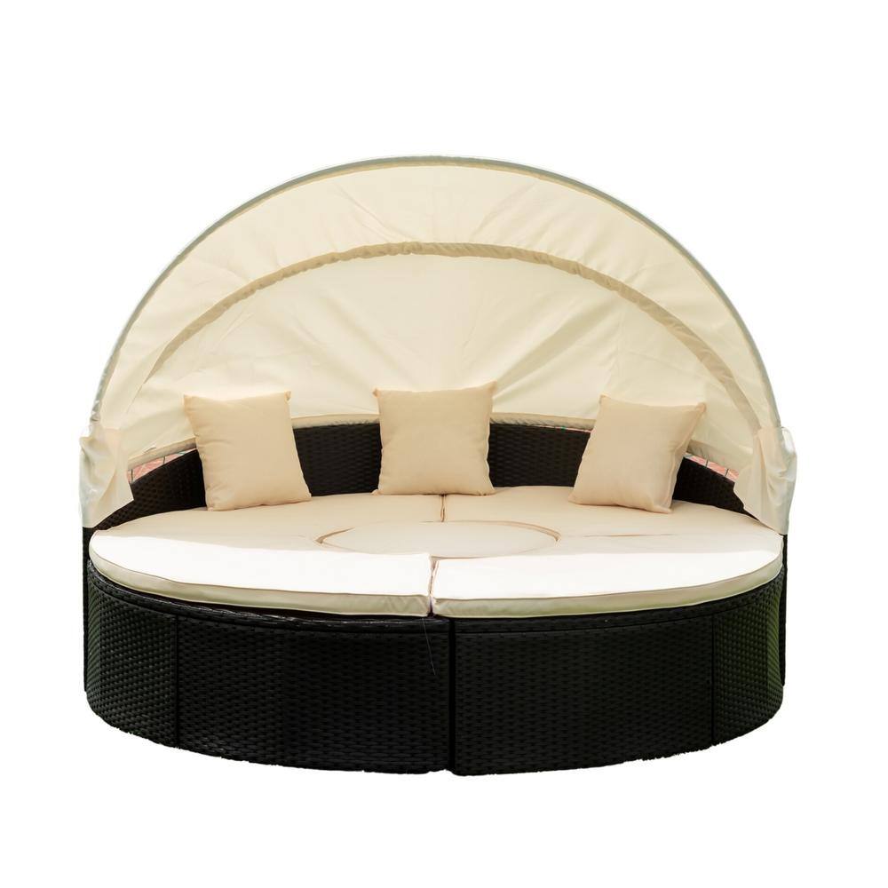 Black Wicker Outdoor Round Day Bed, Furniture Sectional Seating Set, with R