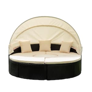 Black Wicker Outdoor Round Day Bed, Furniture Sectional Seating Set, with Retractable Canopy and Creme Cushions