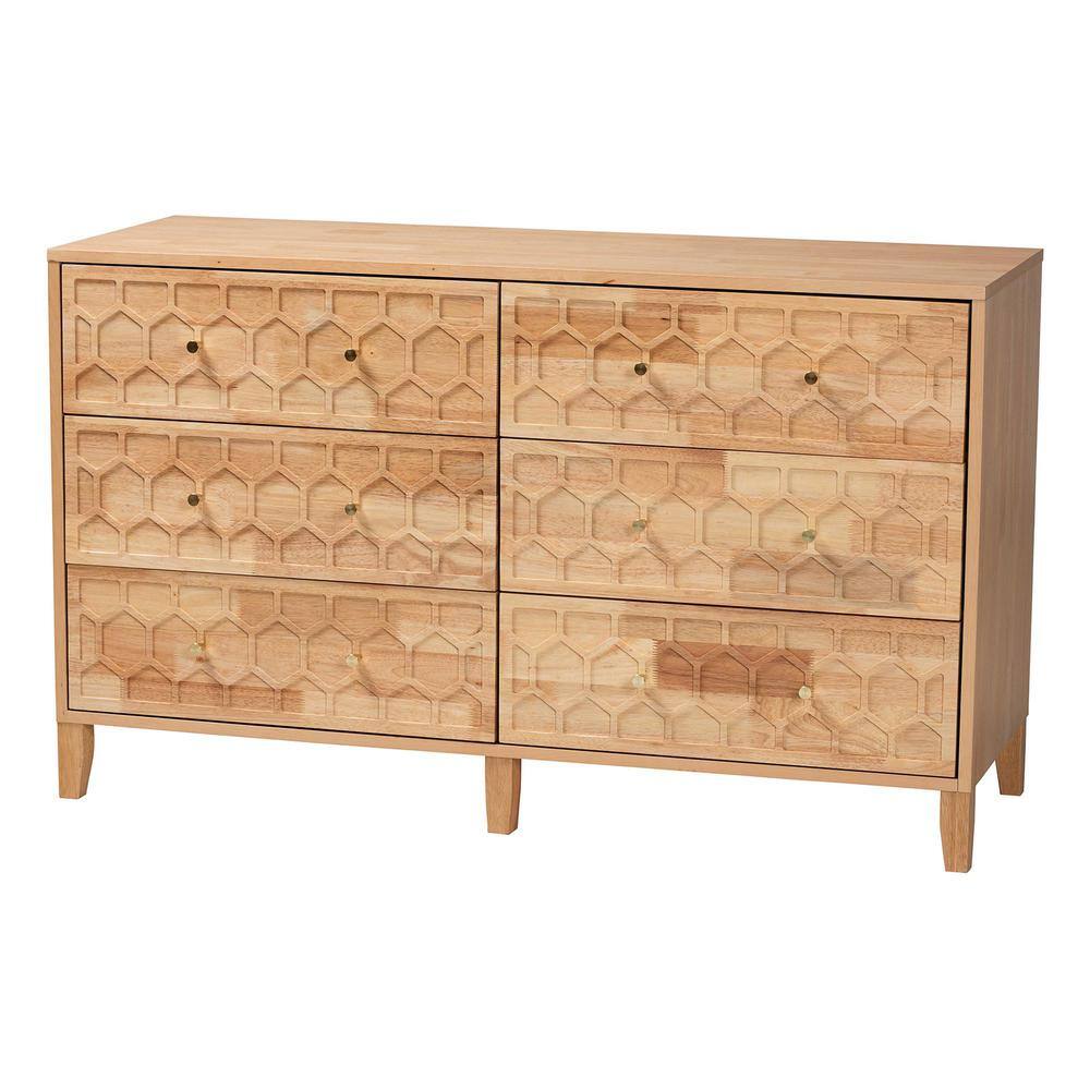Natural Rubberwood 6-Drawer Honeycomb Dresser with Cone Legs