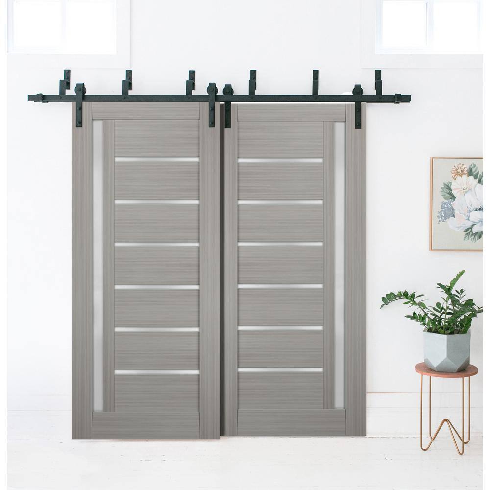 Grey Ash Pine Barn Door with Frosted Glass Panels, 32 x 84 Inches