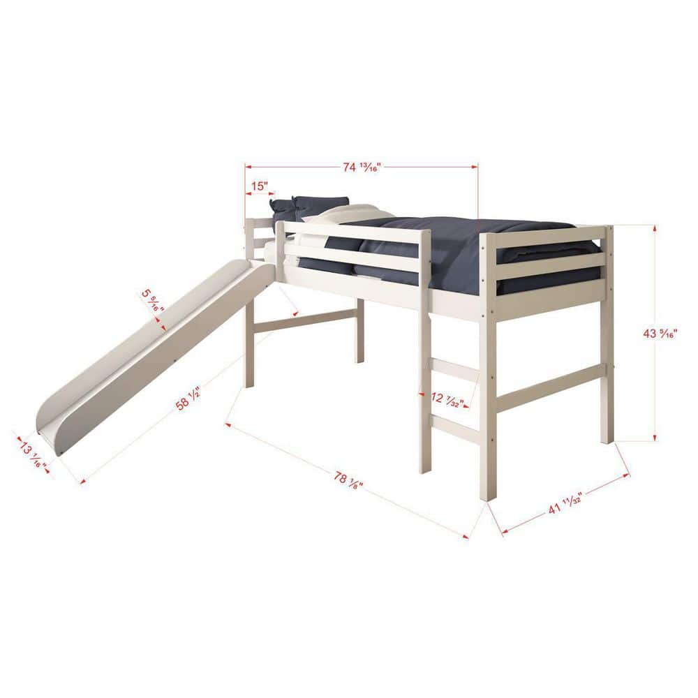 White Twin Pine Loft Bed with Blue Tent and Slide