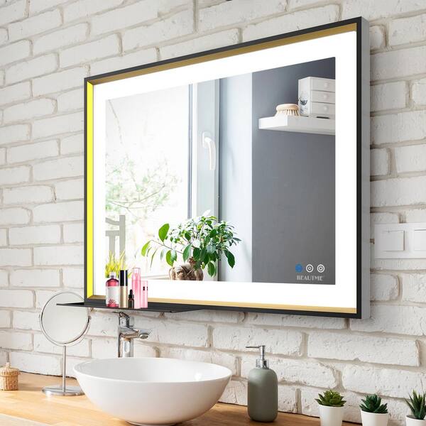 Tileon 32 in. W x 24 in. H Rectangular Framed Anti-Fog Memory Dimmable Wall Bathroom Vanity Mirror LED Light in Black