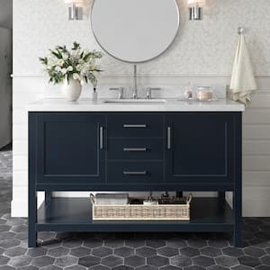 Bayhill 55 in. W x 22 in. D x 36 in. H Bath Vanity in Midnight Blue with Carrara White Marble Top