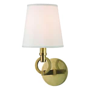 Ballard 6 in. Aged Brass Wall Sconce with White Faux Silk Shade