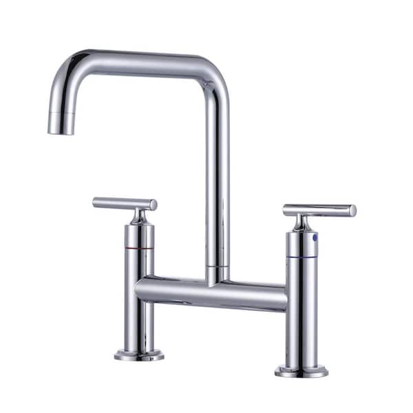 8 in. Centerset Double Handle Brass Bridge Kitchen Faucet with Sink Hole Cover in Polished Chrome